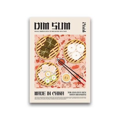 Poster with dim sum graphics and text on a beige background