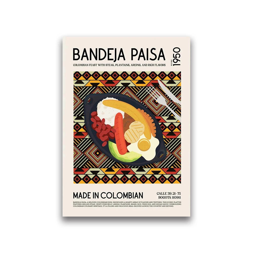Poster of Bandeja Paisa with food illustration and decorative patterns on a beige background