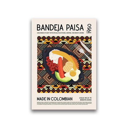 Poster of Bandeja Paisa with food illustration and decorative patterns on a beige background