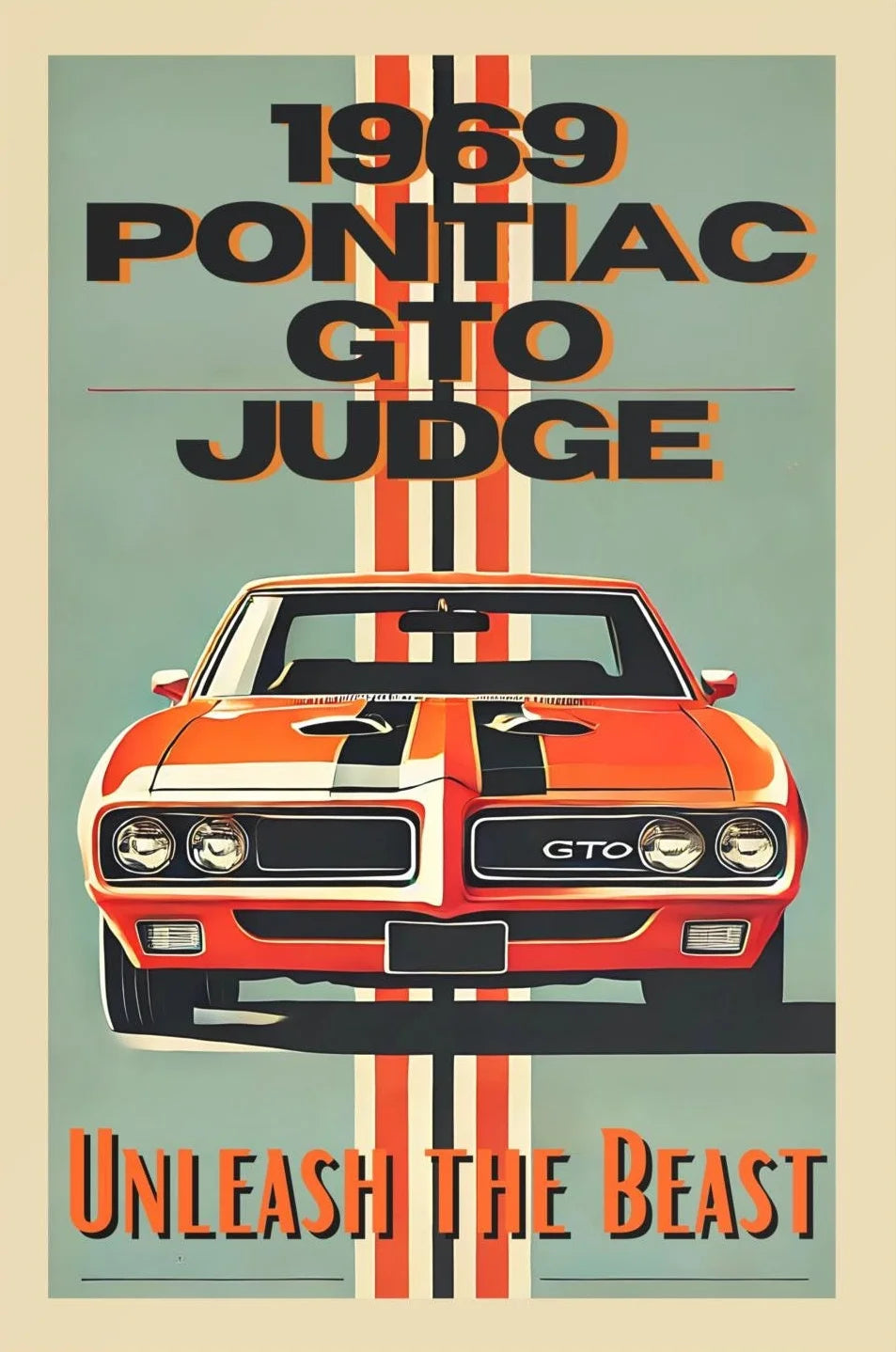 1969 Pontiac GTO Judge poster with orange car and text on a green background