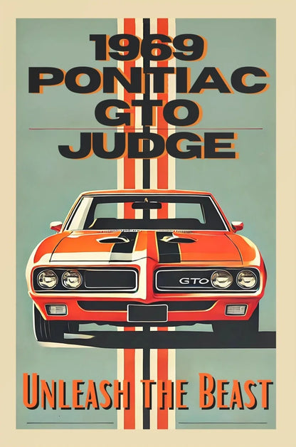 1969 Pontiac GTO Judge poster with orange car and text on a green background