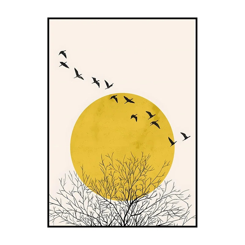 Framed artwork with a yellow circle, black birds, and tree branches on a beige background