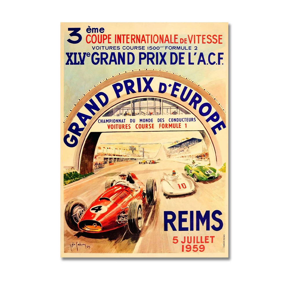 Vintage Grand Prix poster with race cars and event details