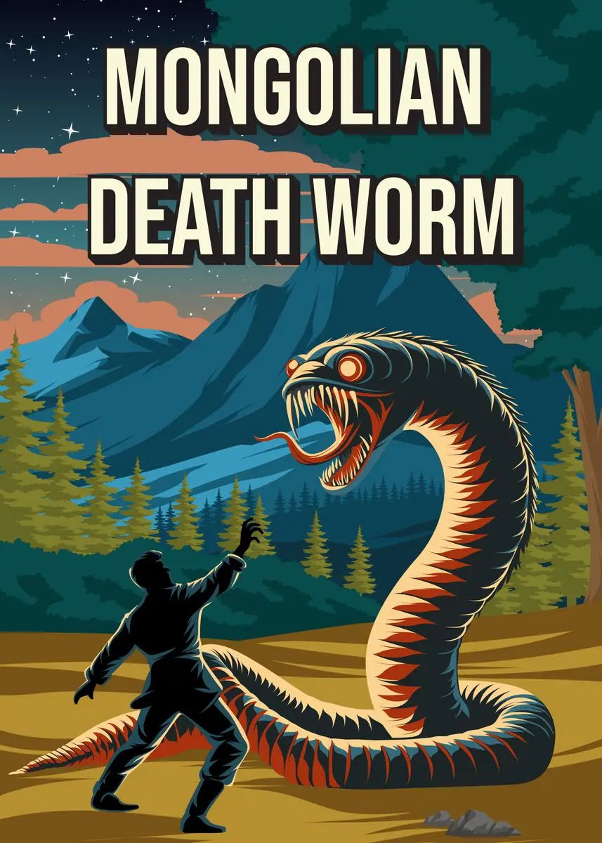 Illustration of a person facing a large 'Mongolian Death Worm' in a mountainous landscape.