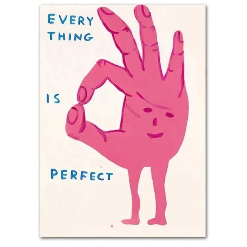 Cartoon hand making a peace sign with text 'Everything is perfect' on a beige background