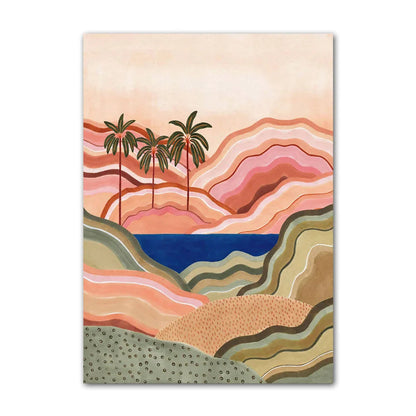 Colorful abstract landscape with palm trees and wavy patterns on a beige background