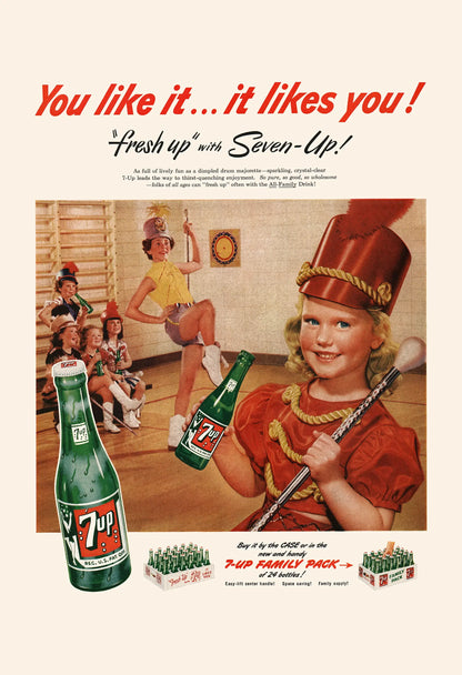 Vintage advertisement for Seven-Up featuring a girl in a red uniform holding a bottle.