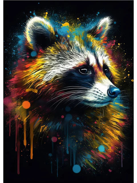 Colorful abstract painting of a raccoon on a black background