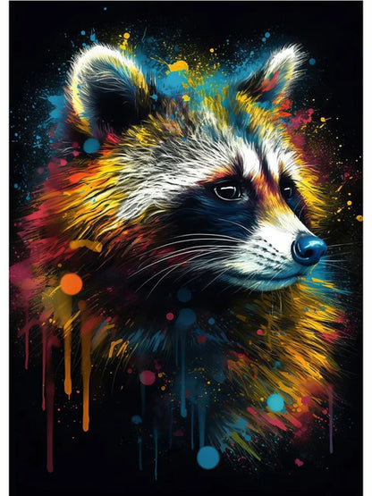 Colorful abstract painting of a raccoon on a black background