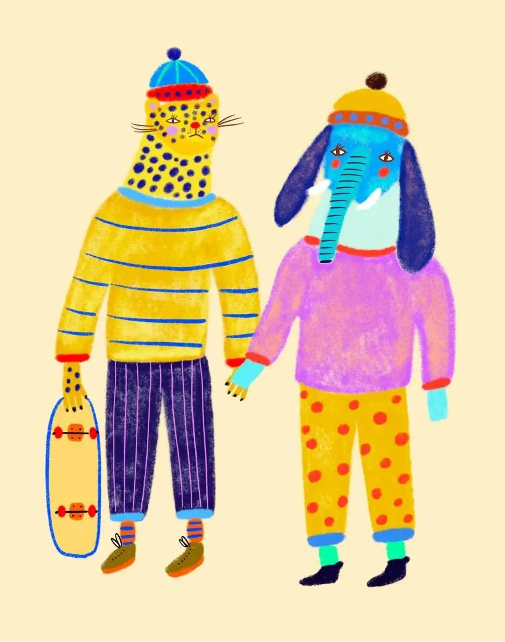 Illustration of a cat and an elephant holding hands, wearing colorful sweaters and pants on a beige background.