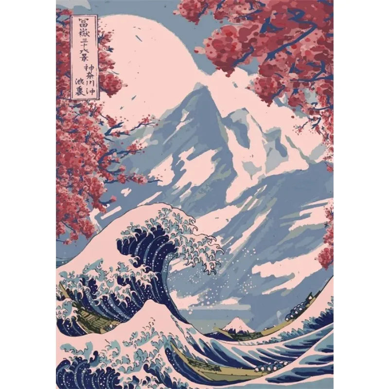 Artistic depiction of a wave with cherry blossoms and Mount Fuji in the background