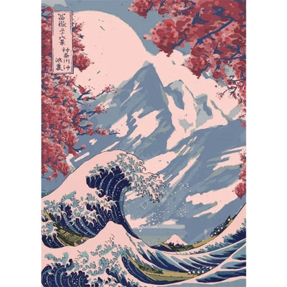 Artistic depiction of a wave with cherry blossoms and Mount Fuji in the background