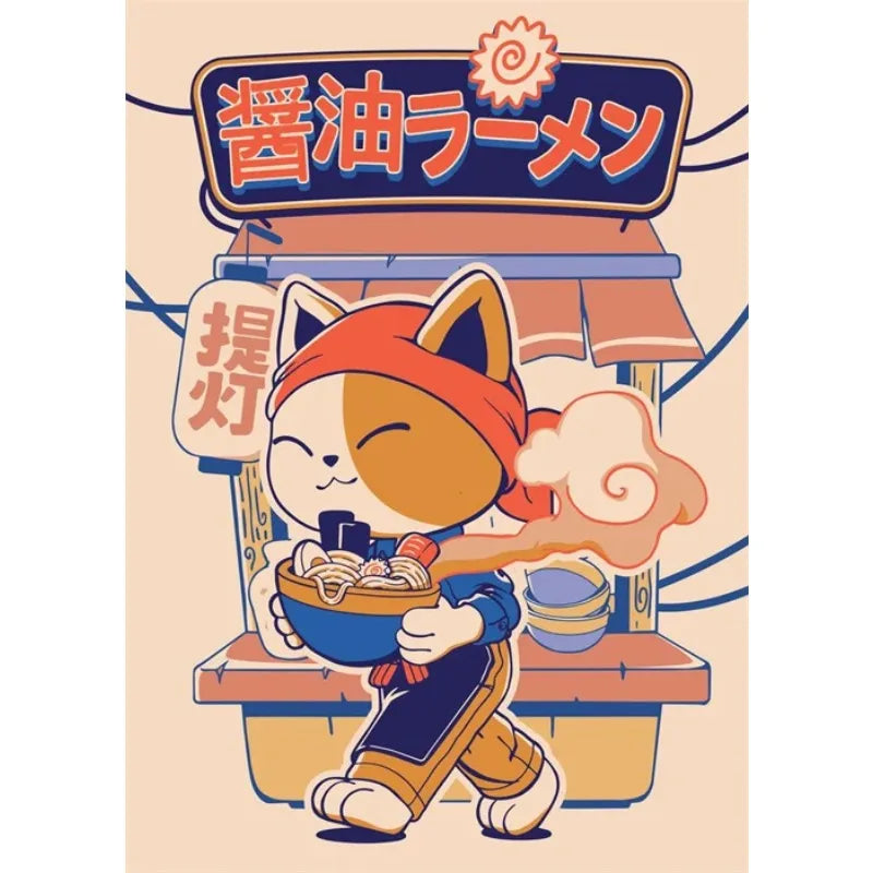 Cartoon cat character holding a bowl of ramen with Japanese text and symbols in the background.