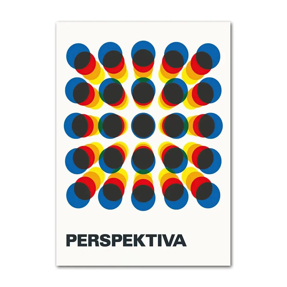 Poster with colorful geometric design and 'Perspektiva' branding on a white background