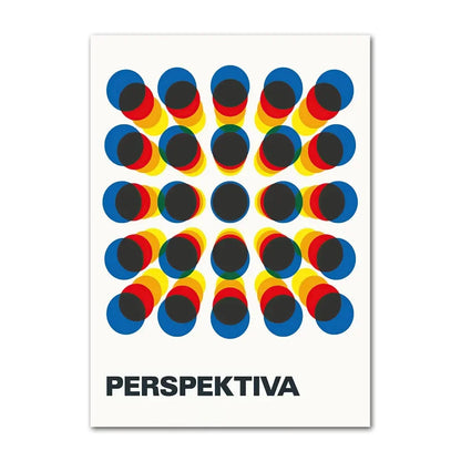 Poster with colorful geometric design and 'Perspektiva' branding on a white background