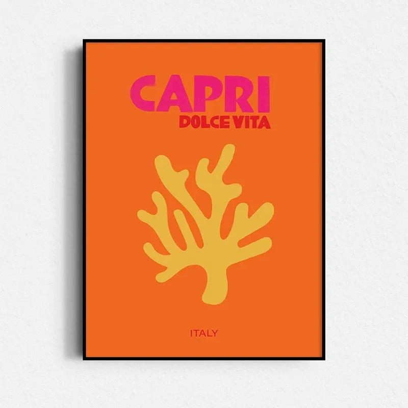 Poster with 'Capri Dolce Vita' text and yellow coral design on an orange background