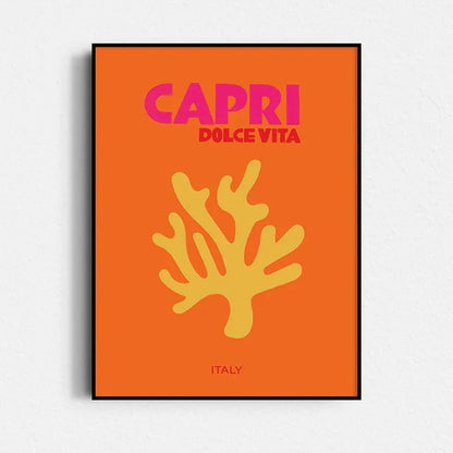 Poster with 'Capri Dolce Vita' text and yellow coral design on an orange background