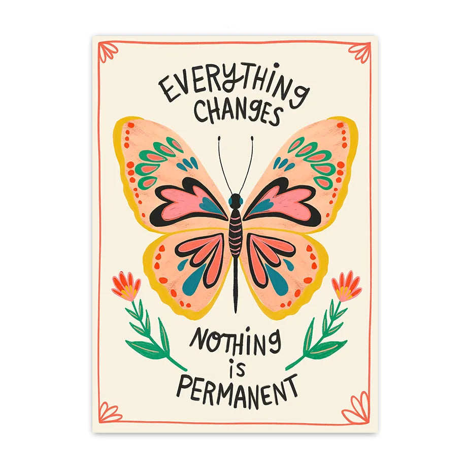 Poster with a butterfly illustration and motivational quote on a white background