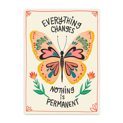 Poster with a butterfly illustration and motivational quote on a white background