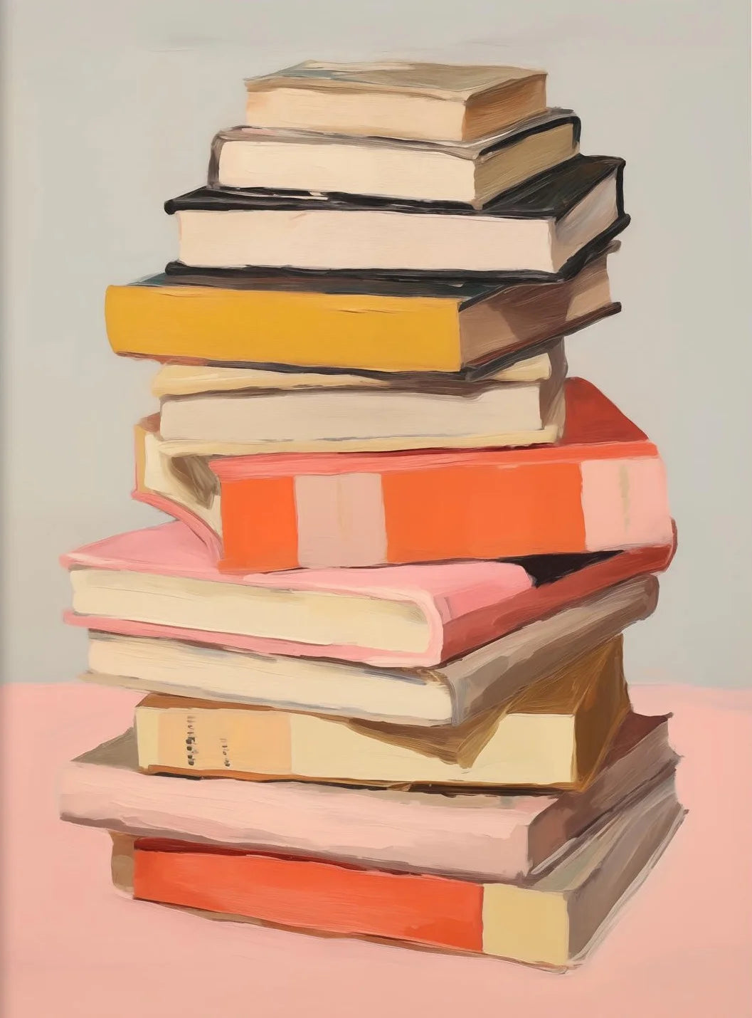 Stack of books with colorful spines on a pink surface