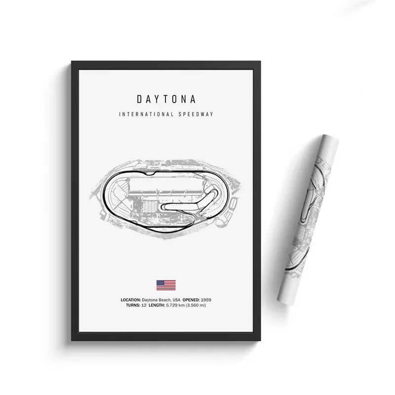 Framed poster of Daytona International Speedway with a pen on a white background