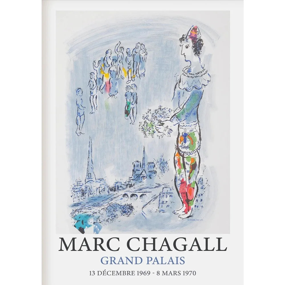 Marc Chagall art exhibition poster with colorful figure and cityscape