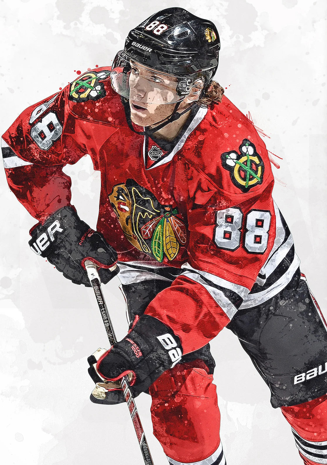 Hockey player in a red uniform with black helmet and gloves, holding a hockey stick on a white background.