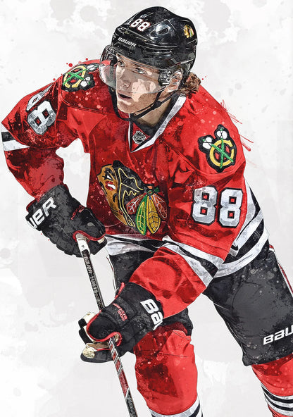Hockey player in a red uniform with black helmet and gloves, holding a hockey stick on a white background.