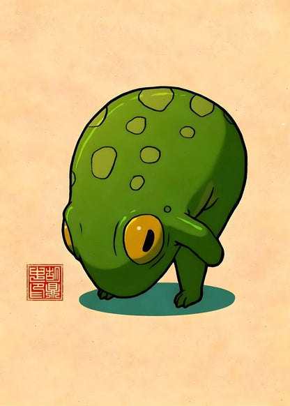 Cartoon green creature with a yellow eye on a beige background