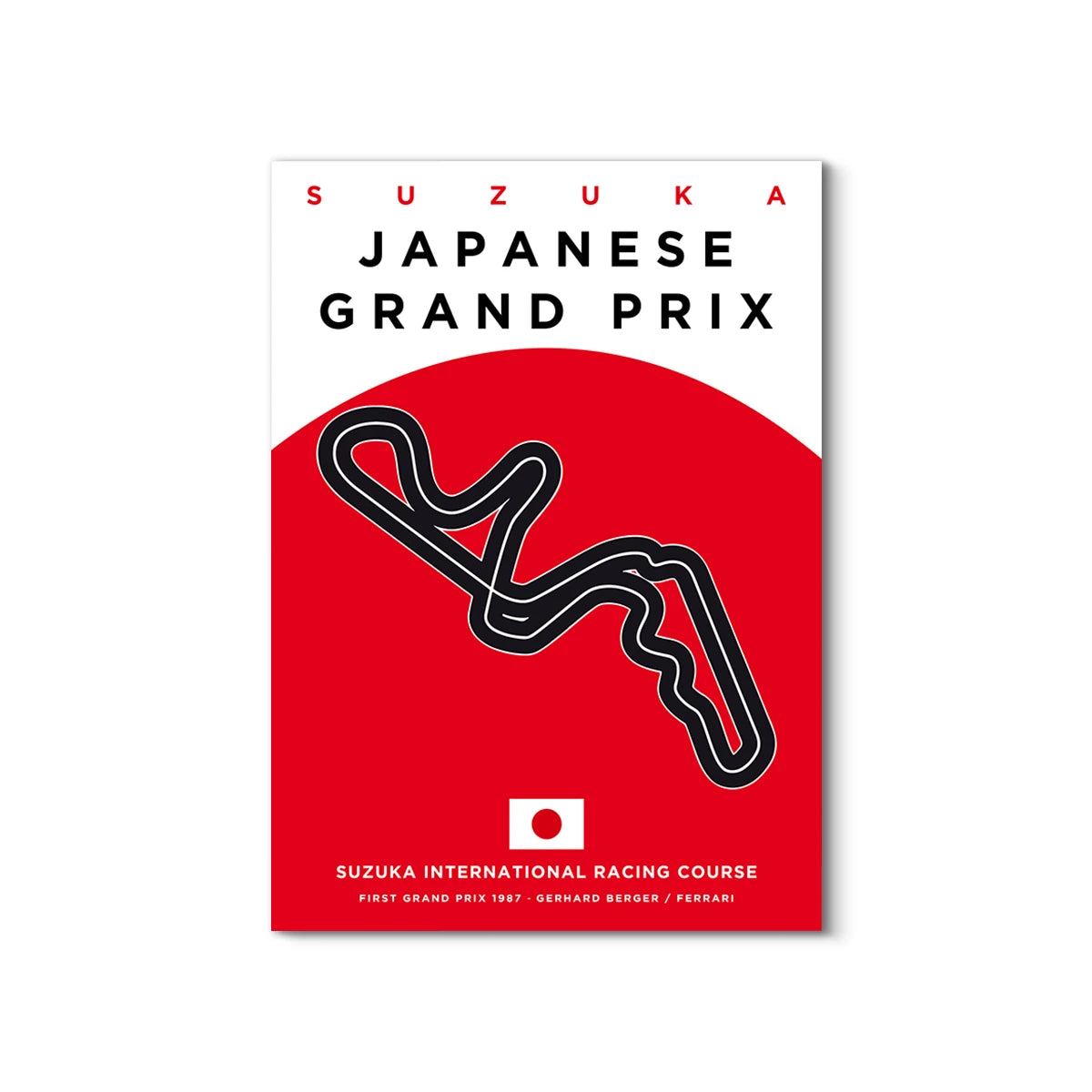 Poster of Suzuka Japanese Grand Prix with red background and black track illustration.