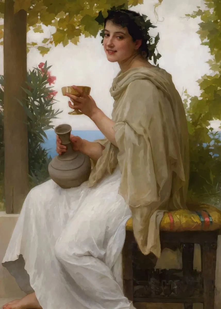 Woman in classical attire holding a cup and a vase in a garden setting