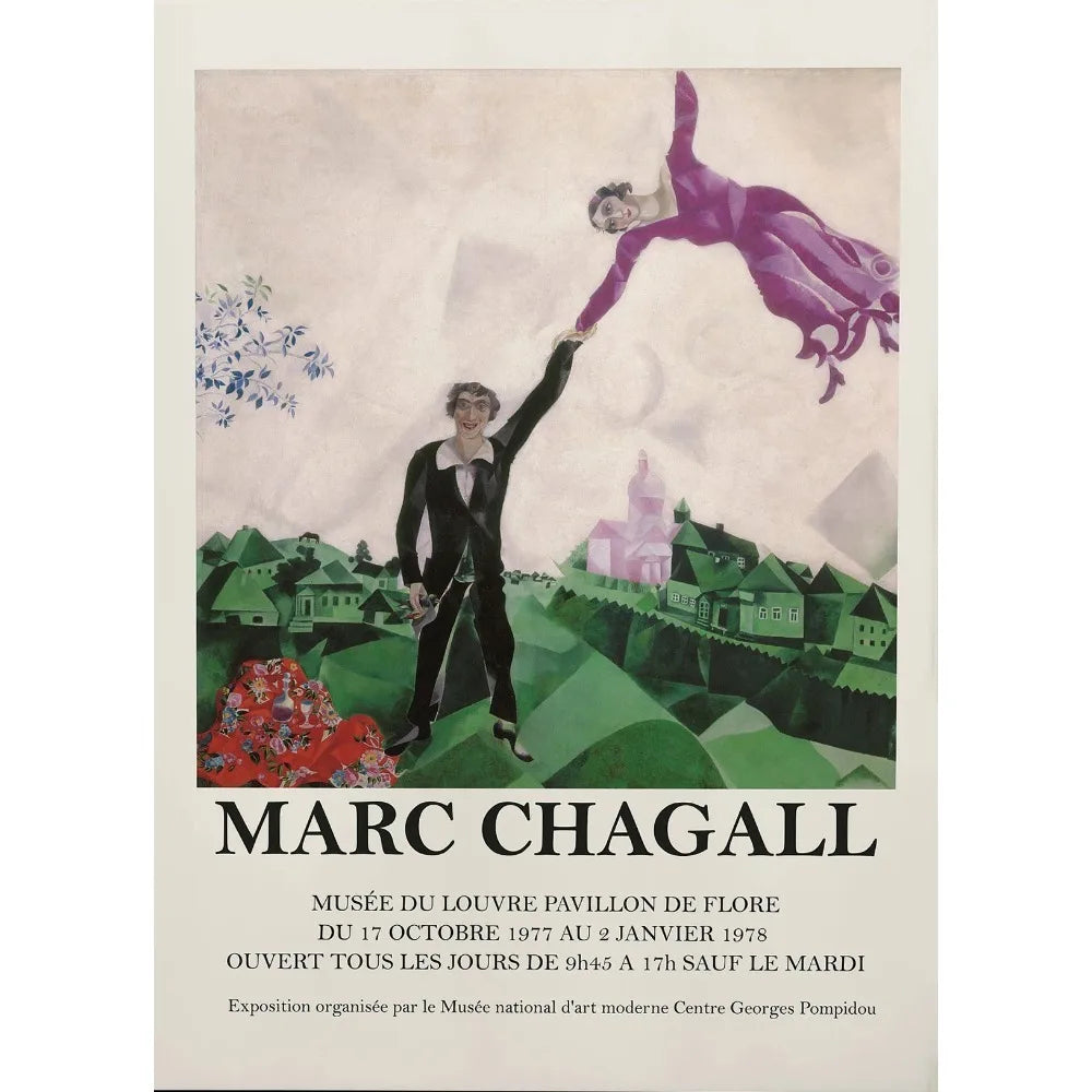 Vintage poster by Marc Chagall featuring a man and woman in a stylized landscape with text below.
