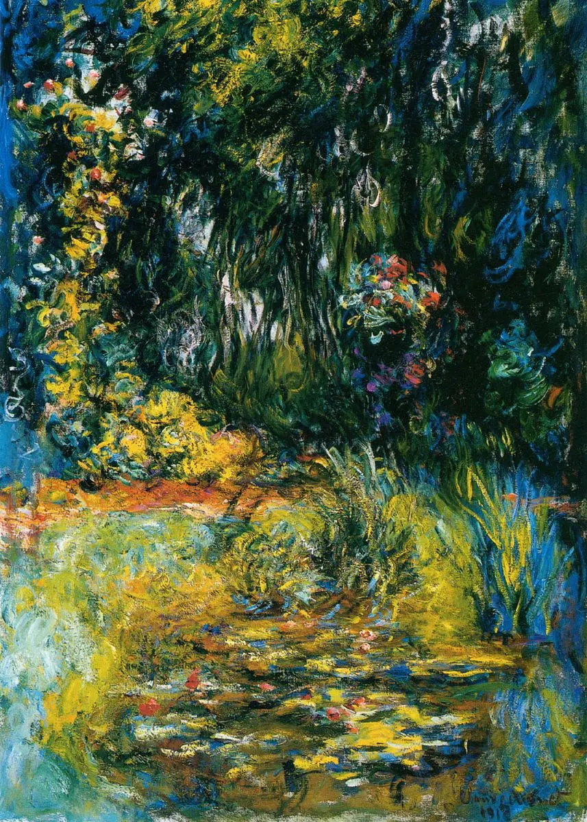 Painting of a garden scene with flowers and water