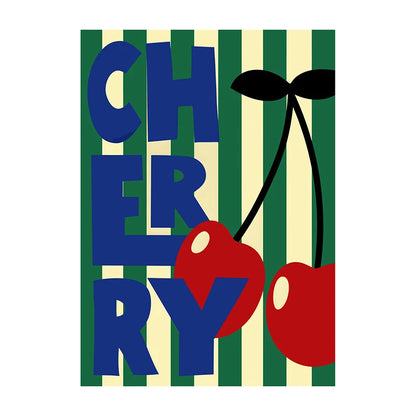 Colorful illustration of the word 'CHERRY' with cherries on a striped background