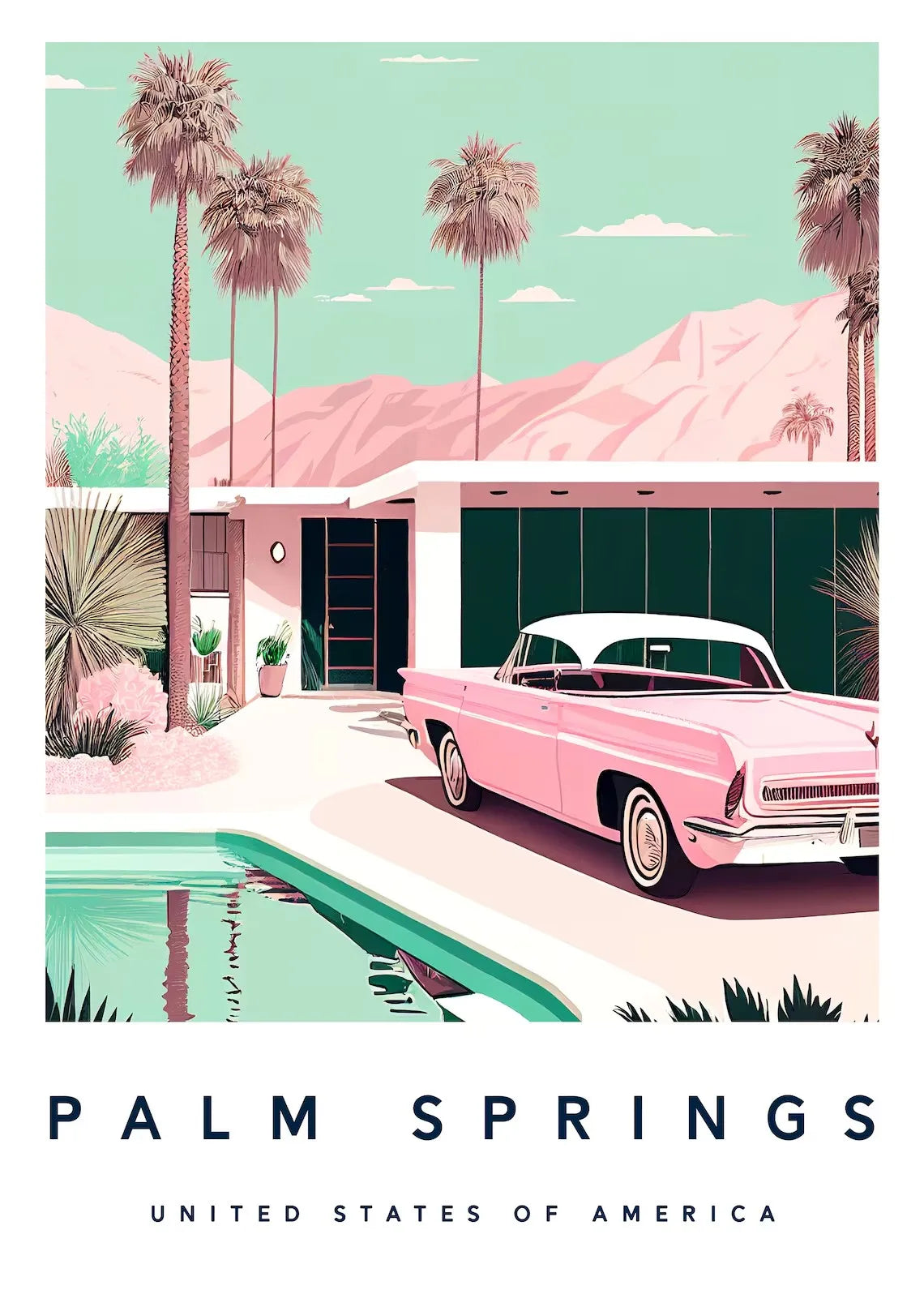 Illustration of a pink vintage car by a pool with palm trees and mountains in the background, labeled 'Palm Springs, United States of America'.