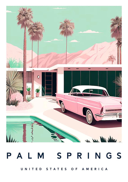 Illustration of a pink vintage car by a pool with palm trees and mountains in the background, labeled 'Palm Springs, United States of America'.
