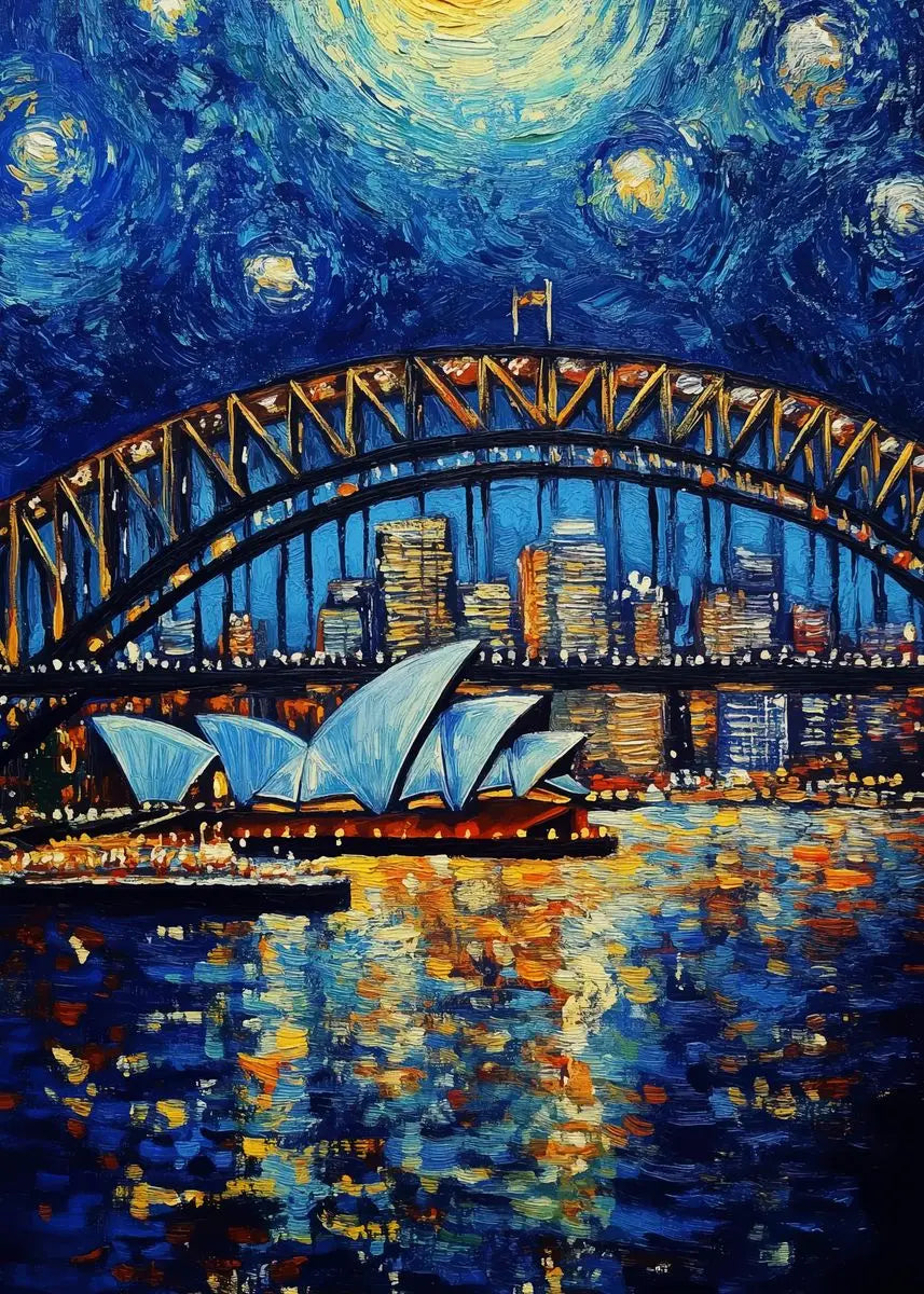 Sydney Harbour Bridge and Opera House with a starry night sky overlay