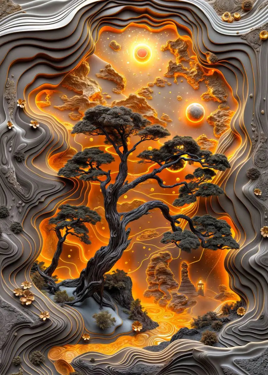Artistic depiction of a tree with celestial elements and wavy patterns.