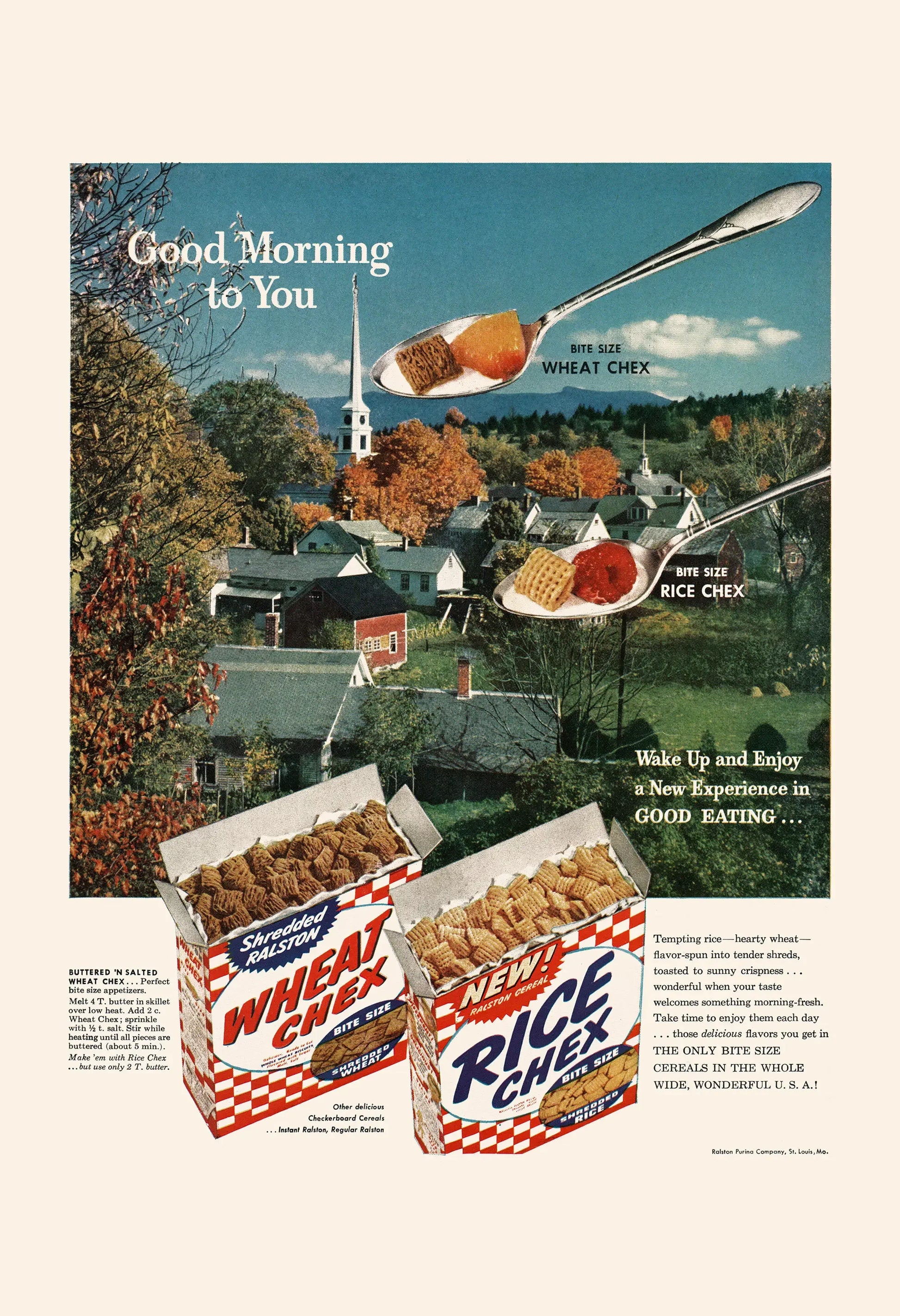 Vintage advertisement for Wheat Chex and Rice Chex cereals with a scenic background.