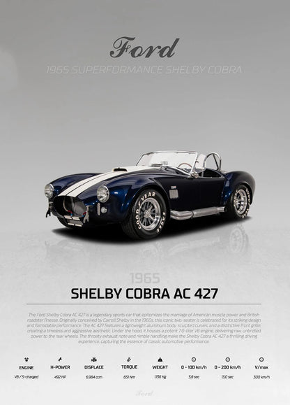 1965 Shelby Cobra AC 427 on a gray background with Ford branding.