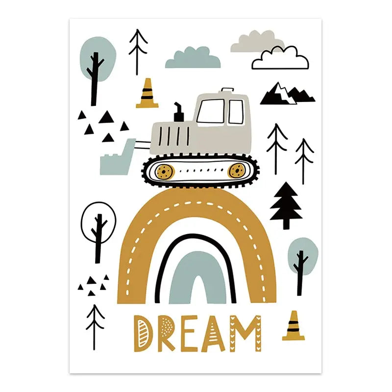 Children's poster with a bulldozer, rainbow, trees, and mountains on a white background.