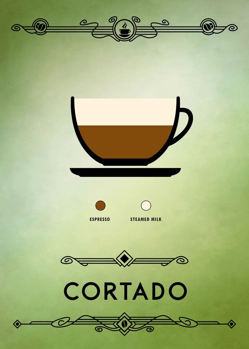 Illustration of a cortado with espresso and steamed milk on a green background