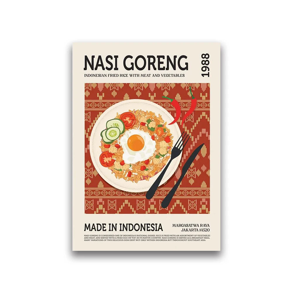 Poster of Nasi Goreng with a plate of food, fork, and knife on a decorative background.