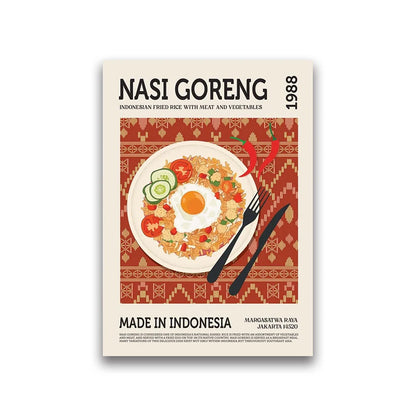 Poster of Nasi Goreng with a plate of food, fork, and knife on a decorative background.