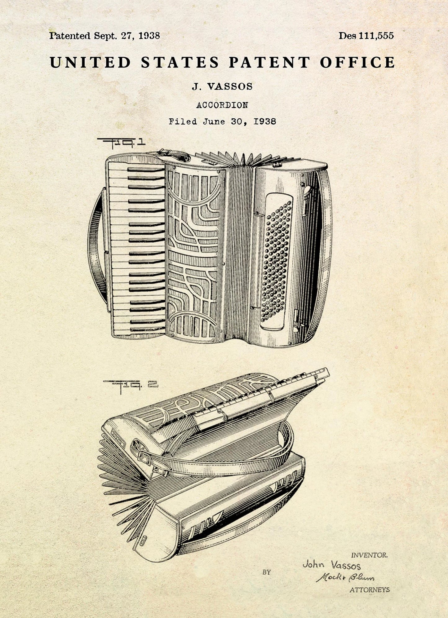 Accordian patent illustration from the United States Patent Office