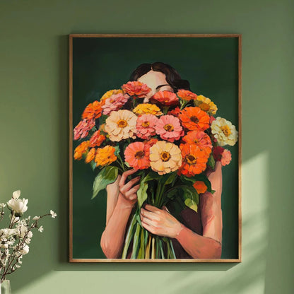 Framed artwork of a person holding a bouquet of flowers against a green wall.