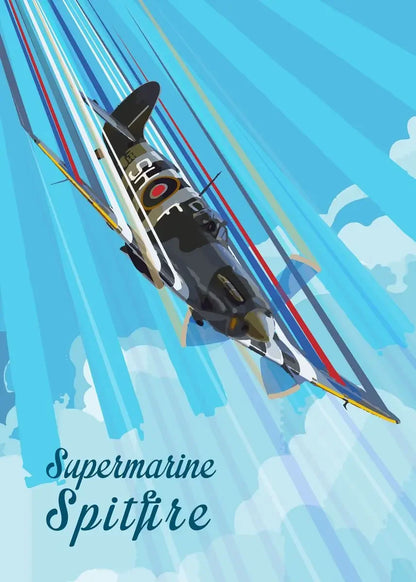 Supermarine Spitfire aircraft flying through a blue sky with clouds, featuring the Supermarine logo.