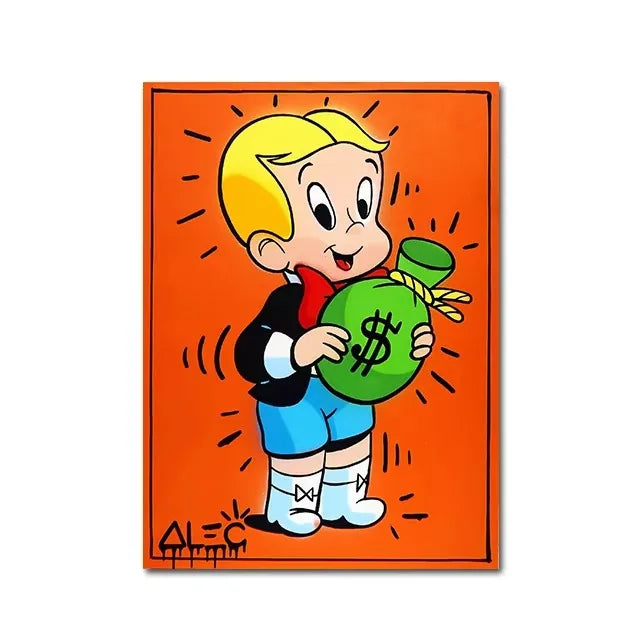 Cartoon character holding a green bag with a dollar sign on an orange background