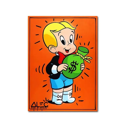Cartoon character holding a green bag with a dollar sign on an orange background