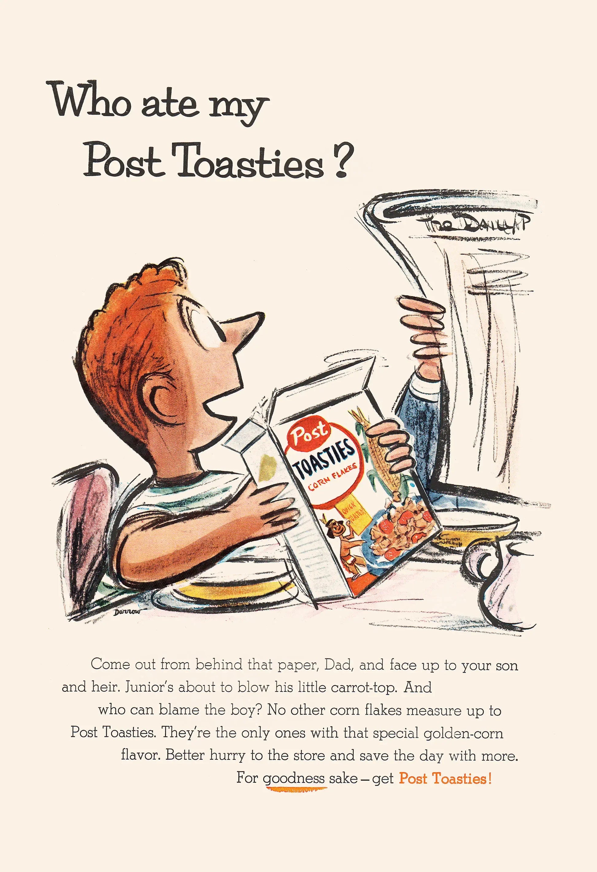 Vintage-style advertisement featuring a child with a Post Toasties cereal box and a glass of milk.